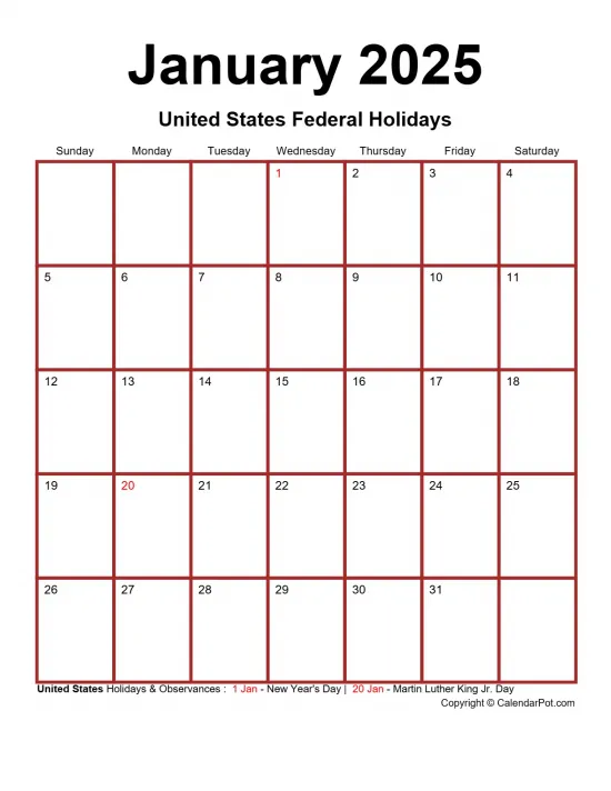 January 2025 United States Calendar Monthly Classic Dark Border Red Portrait Sunday Start Week Full Design17