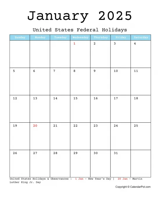 January 2025 United States Calendar Monthly One Page Blue Week Background Portrait Sunday Start Week Full Design9