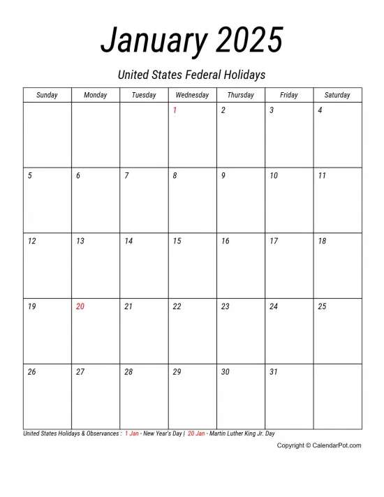 January 2025 United States Calendar Simple Italic Style Portrait Sunday Start Week Full Design7