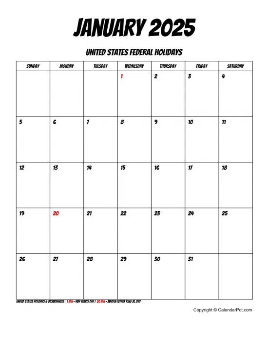 January 2025 United States Calendar Simple Month Bordered Portrait Sunday Start Week Full Design3