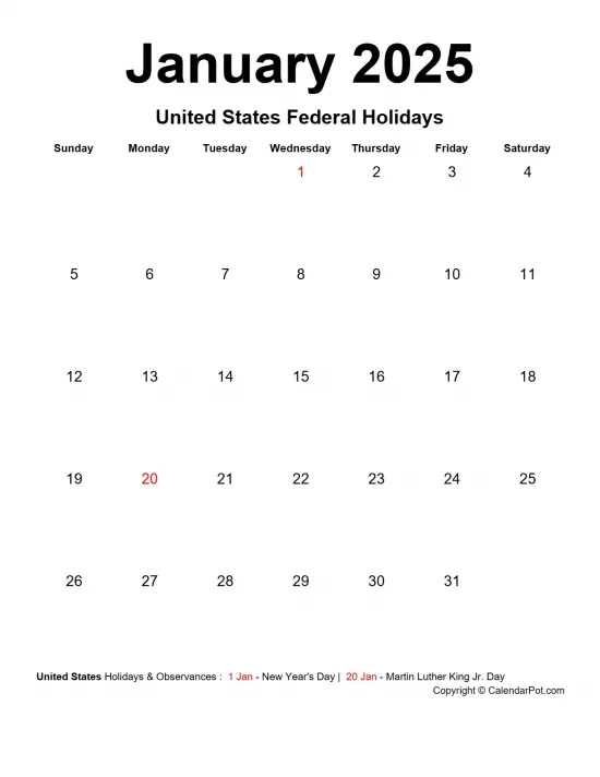 January 2025 United States Calendar Simple Month Week Noborder Portrait Sunday Start Week Full Design14