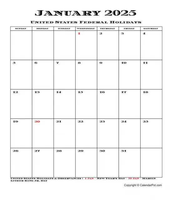 January 2025 United States Calendar Simple Month Week Portrait Sunday Start Week Full Design5