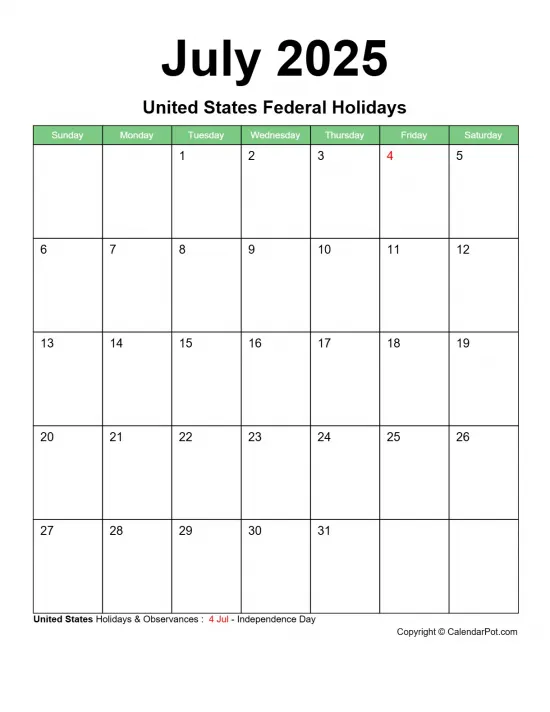 July 2025 United States Calendar Classic Bordered Green Portrait Sunday Start Week Full Design16