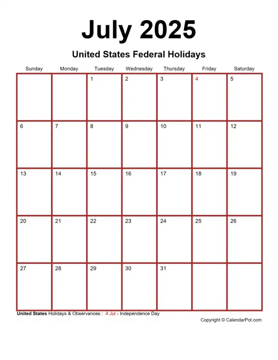 July 2025 United States Calendar Monthly Classic Dark Border Red Portrait Sunday Start Week Full Design17