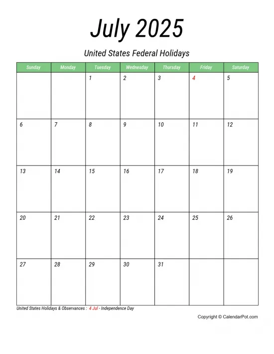 July 2025 United States Calendar Monthly Printable Week Background Portrait Sunday Start Week Full Design8