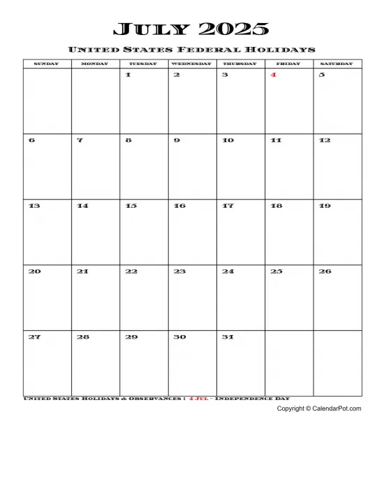 July 2025 United States Calendar Simple Month Week Portrait Sunday Start Week Full Design5