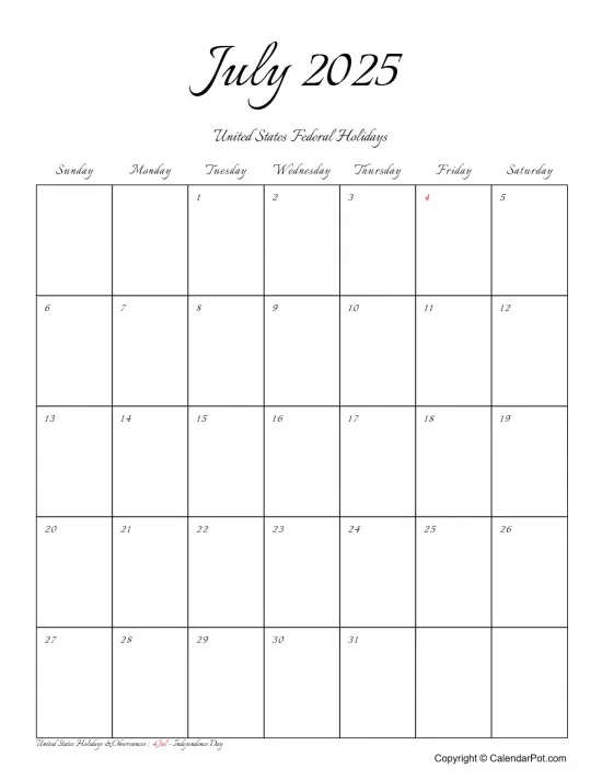 July 2025 United States Calendar Stylish Font Classic Month Outer Border Portrait Sunday Start Week Full Design6