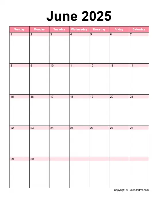 June 2025 Calendar Classic Day Color Horizontaly Portrait Sunday Start Week Full Design12