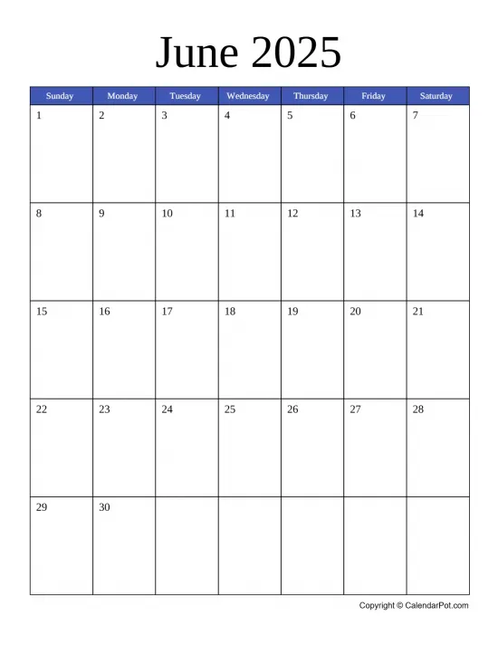 June 2025 Calendar Monthly Blue Week Background Portrait Sunday Start Week Full Design10