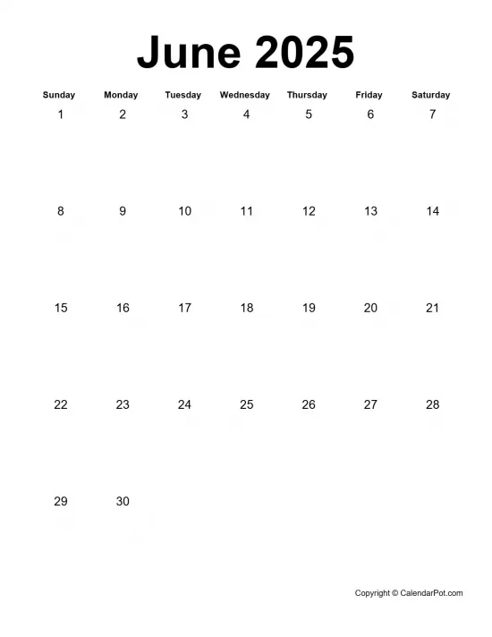 June 2025 Calendar Simple Month Week Noborder Portrait Sunday Start Week Full Design14
