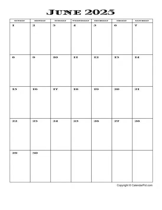 June 2025 Calendar Simple Month Week Portrait Sunday Start Week Full Design5