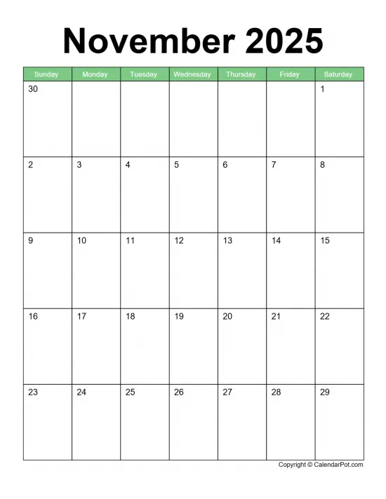 November 2025 Calendar Classic Bordered Green Portrait Sunday Start Week Full Design16