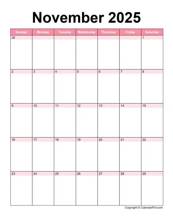 November 2025 Calendar Classic Day Color Horizontaly Portrait Sunday Start Week Full Design12