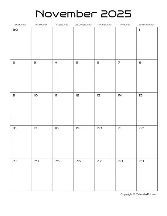 November 2025 Calendar Classic Month Outlined Portrait Sunday Start Week Full Design4