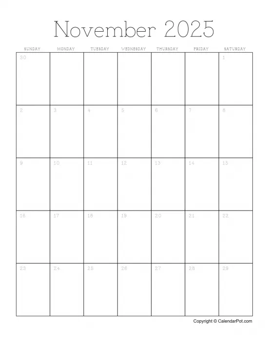 November 2025 Calendar Month Outlined Portrait Sunday Start Week Full Design2