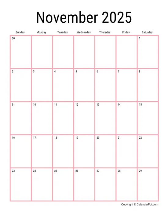 November 2025 Calendar Monthly Classic Dark Border Orange Portrait Sunday Start Week Full Design18