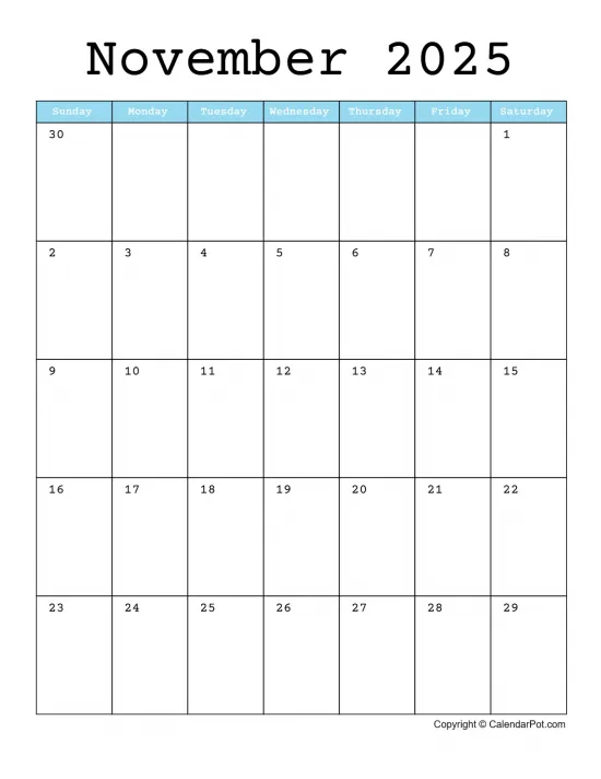 November 2025 Calendar Monthly One Page Blue Week Background Portrait Sunday Start Week Full Design9