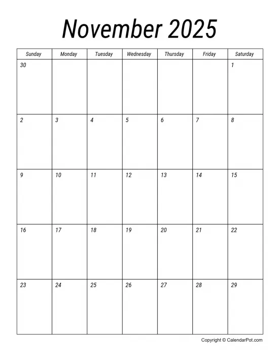 November 2025 Calendar Simple Italic Style Portrait Sunday Start Week Full Design7