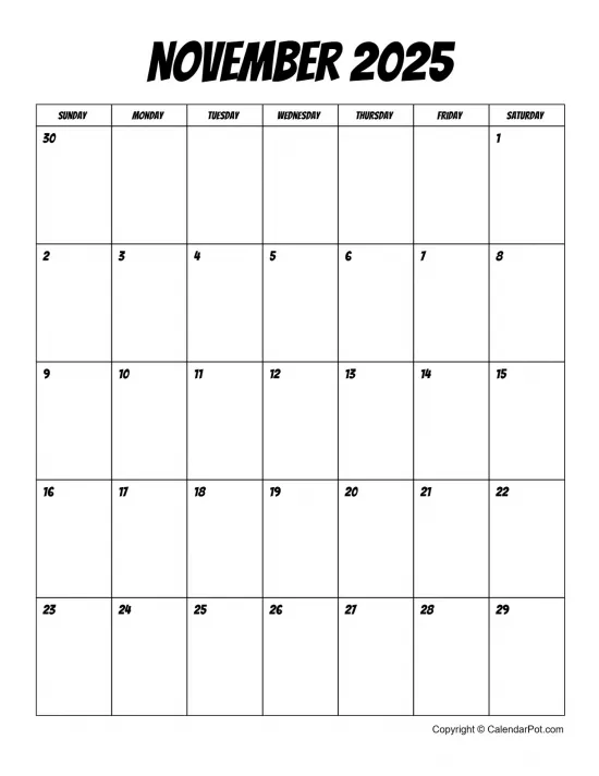 November 2025 Calendar Simple Month Bordered Portrait Sunday Start Week Full Design3