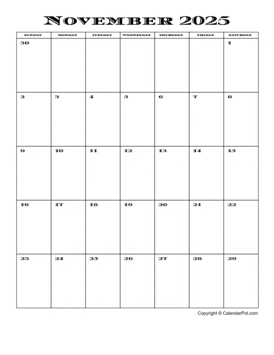 November 2025 Calendar Simple Month Week Portrait Sunday Start Week Full Design5