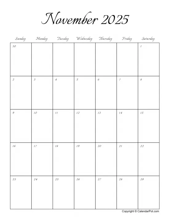 November 2025 Calendar Stylish Font Classic Month Outer Border Portrait Sunday Start Week Full Design6