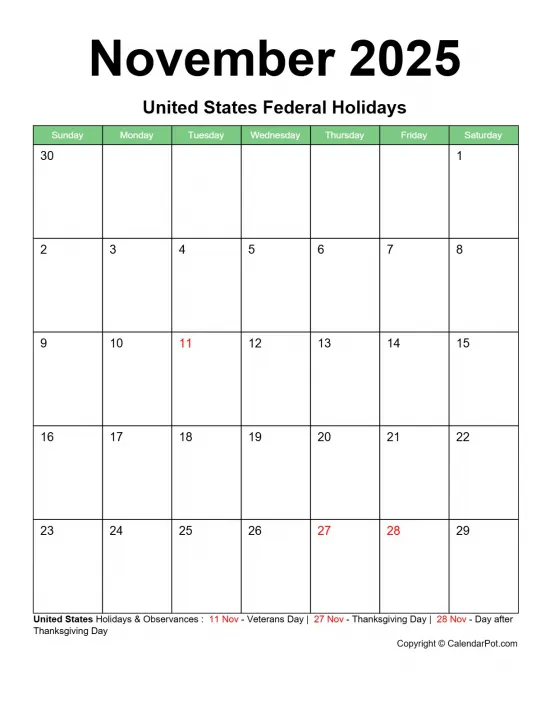 November 2025 United States Calendar Classic Bordered Green Portrait Sunday Start Week Full Design16