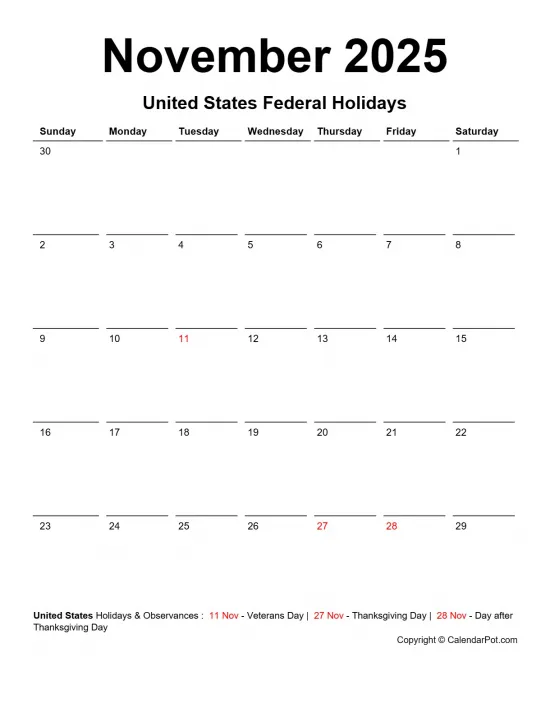 November 2025 United States Calendar Classic Day Border Horizontaly Portrait Sunday Start Week Full Design13