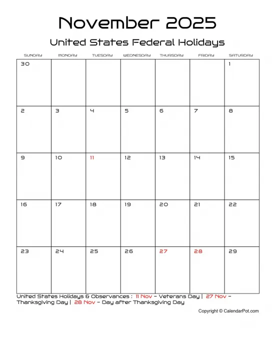 November 2025 United States Calendar Classic Month Outlined Portrait Sunday Start Week Full Design4