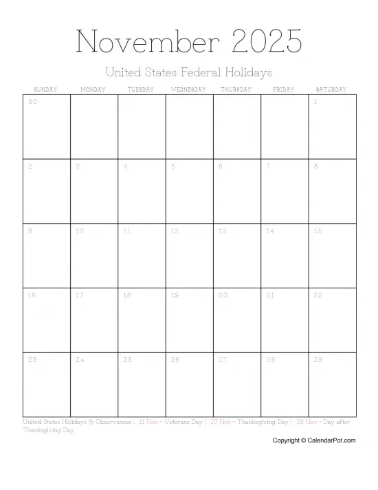 November 2025 United States Calendar Month Outlined Portrait Sunday Start Week Full Design2