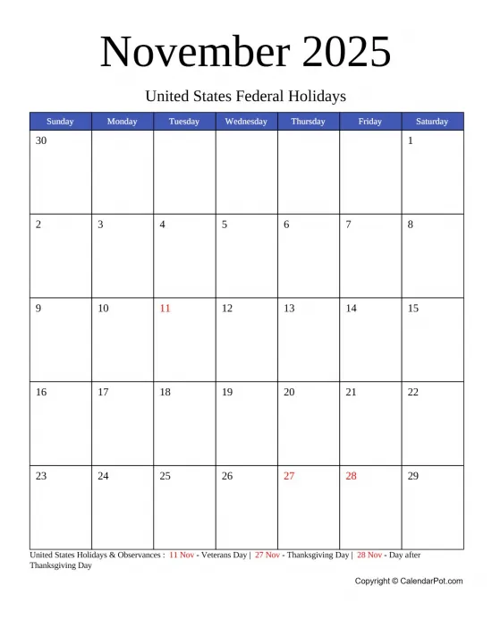 November 2025 United States Calendar Monthly Blue Week Background Portrait Sunday Start Week Full Design10