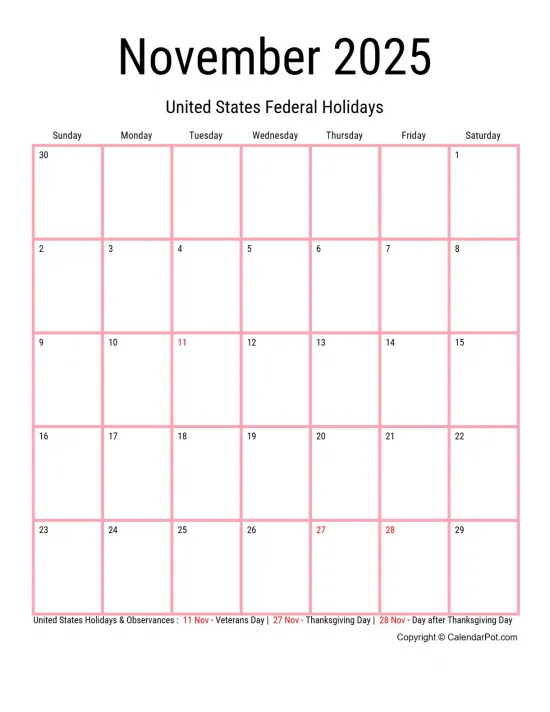 November 2025 United States Calendar Monthly Classic Dark Border Orange Portrait Sunday Start Week Full Design18
