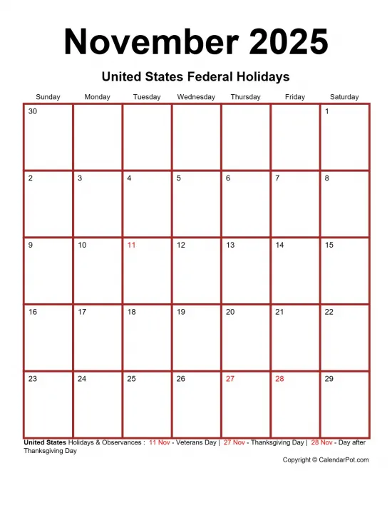 November 2025 United States Calendar Monthly Classic Dark Border Red Portrait Sunday Start Week Full Design17