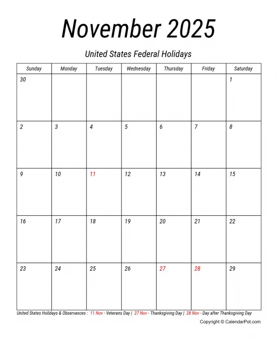 November 2025 United States Calendar Simple Italic Style Portrait Sunday Start Week Full Design7