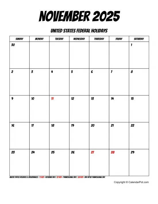 November 2025 United States Calendar Simple Month Bordered Portrait Sunday Start Week Full Design3