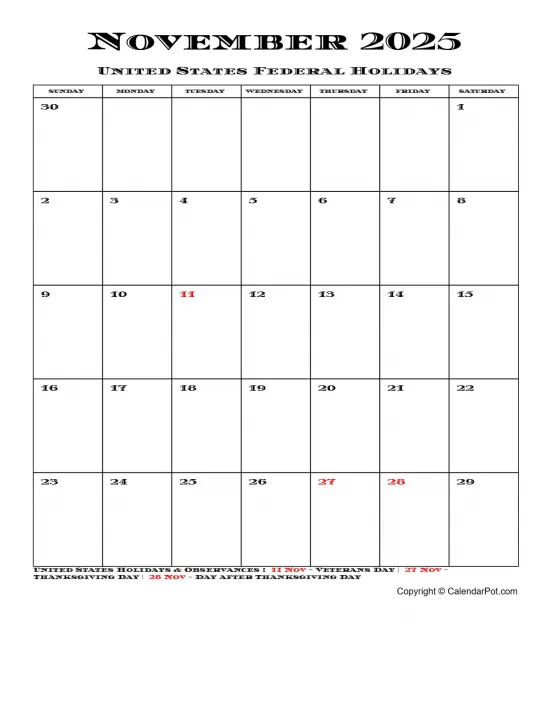 November 2025 United States Calendar Simple Month Week Portrait Sunday Start Week Full Design5