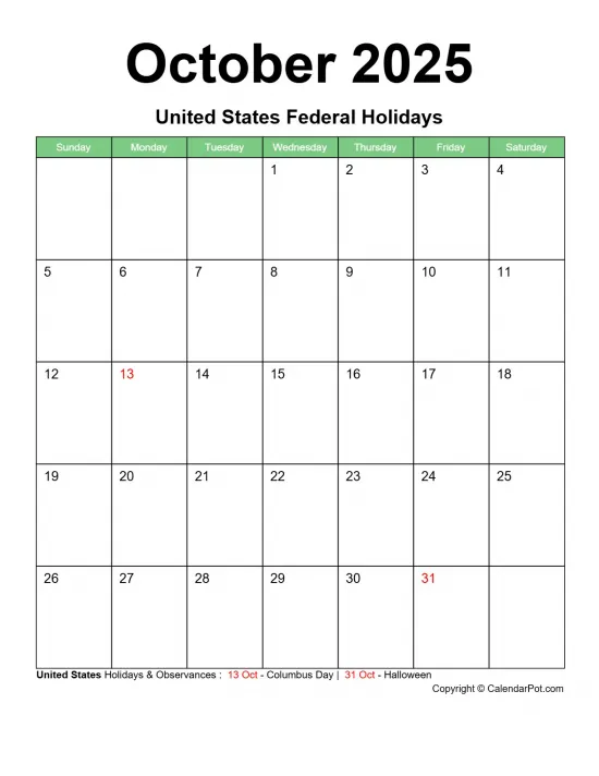 October 2025 United States Calendar Classic Bordered Green Portrait Sunday Start Week Full Design16