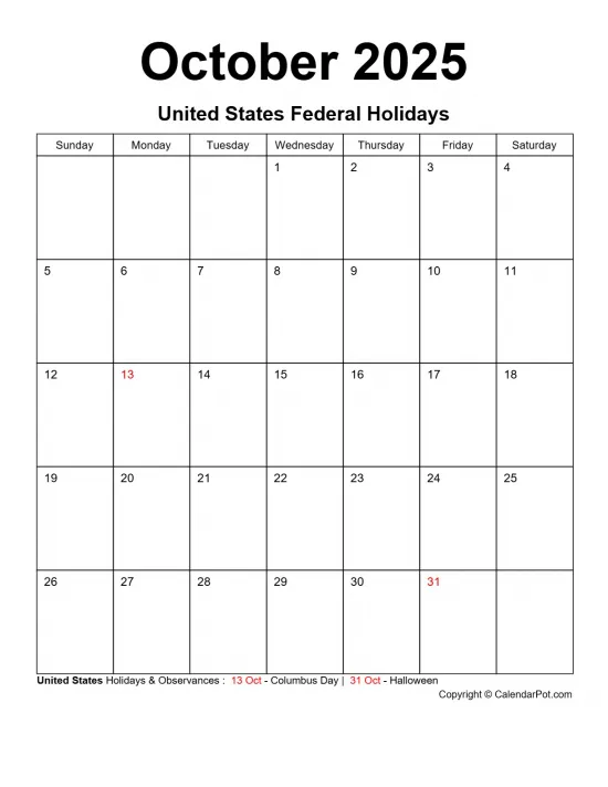 October 2025 United States Calendar Classic Bordered Month Portrait Sunday Start Week Full Design1