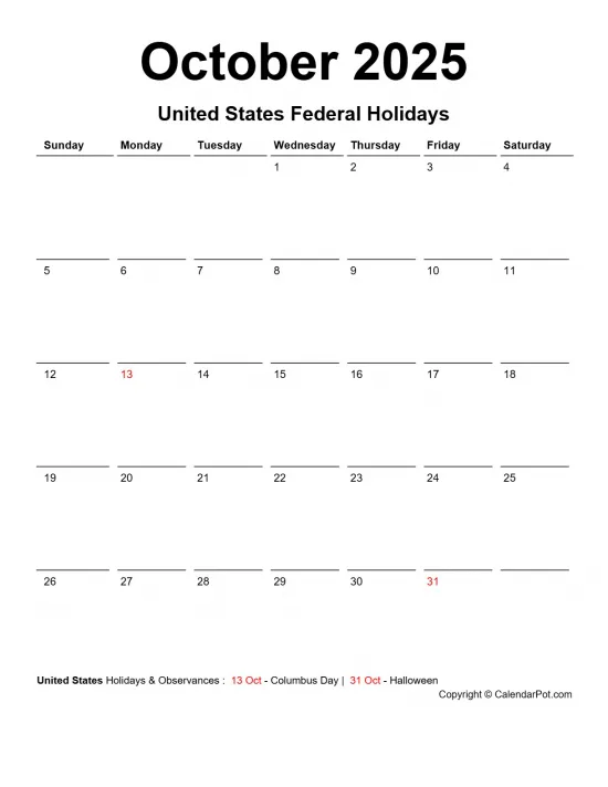 October 2025 United States Calendar Classic Day Border Horizontaly Portrait Sunday Start Week Full Design13