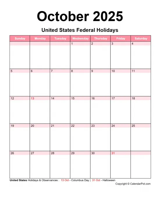 October 2025 United States Calendar Classic Day Color Horizontaly Portrait Sunday Start Week Full Design12
