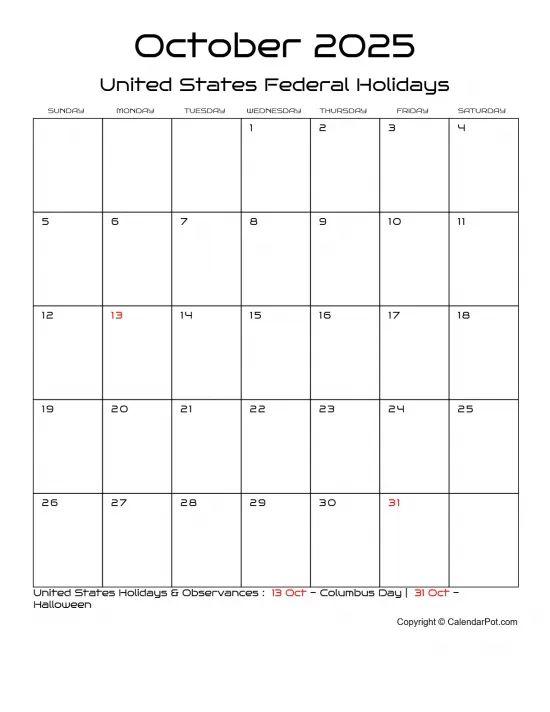 October 2025 United States Calendar Classic Month Outlined Portrait Sunday Start Week Full Design4