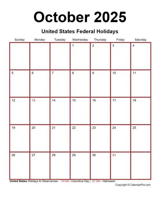 October 2025 United States Calendar Monthly Classic Dark Border Red Portrait Sunday Start Week Full Design17