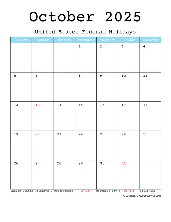 October 2025 United States Calendar Monthly One Page Blue Week Background Portrait Sunday Start Week Full Design9