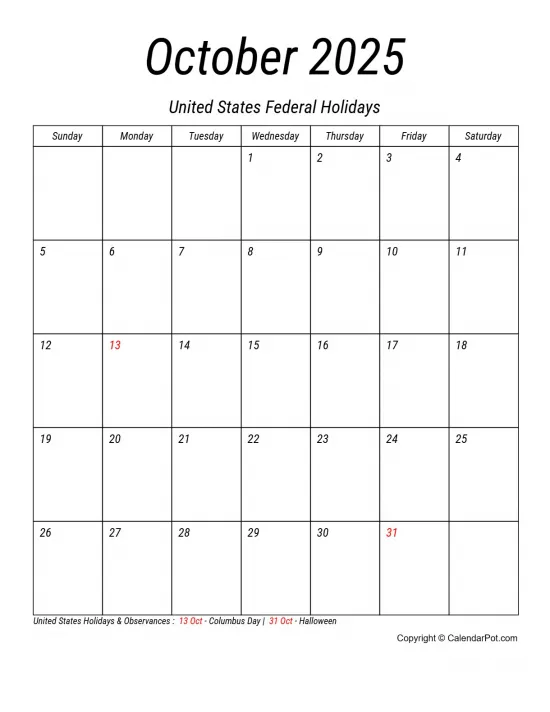 October 2025 United States Calendar Simple Italic Style Portrait Sunday Start Week Full Design7