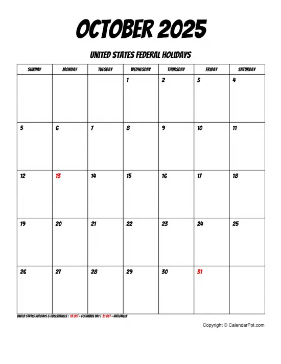 October 2025 United States Calendar Simple Month Bordered Portrait Sunday Start Week Full Design3