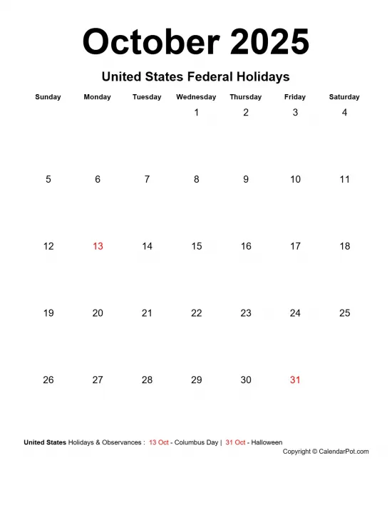 October 2025 United States Calendar Simple Month Week Noborder Portrait Sunday Start Week Full Design14
