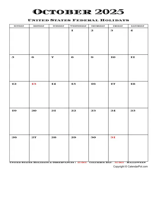 October 2025 United States Calendar Simple Month Week Portrait Sunday Start Week Full Design5