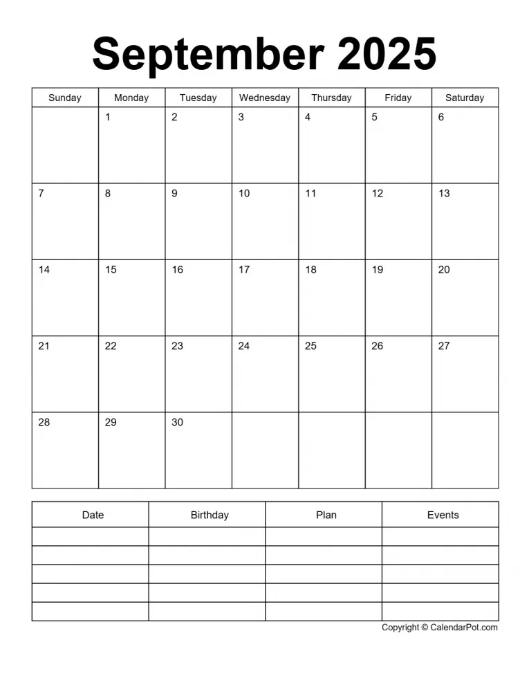 September 2025 Calendar Classic Bordered Month With Notes Portrait Sunday Start Week Full Design1 765x990.webp