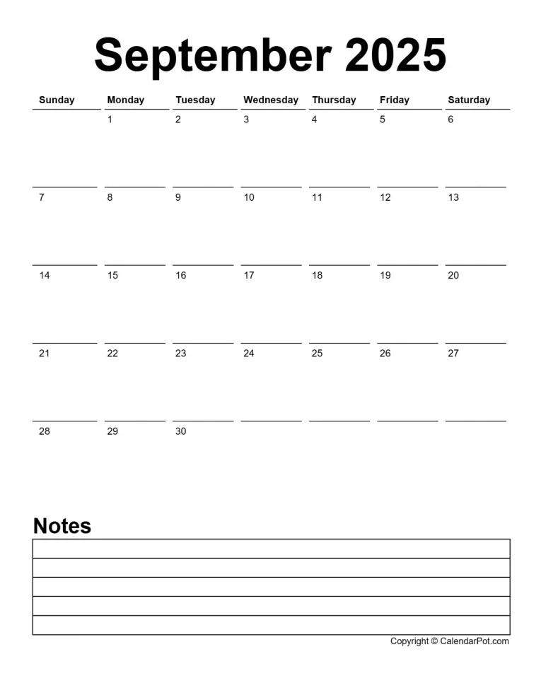 September 2025 Calendar Classic Day Border Horizontaly With Notes Portrait Sunday Start Week Full Design13 765x990.webp