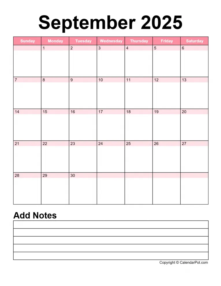 September 2025 Calendar Classic Day Color Horizontaly With Notes Portrait Sunday Start Week Full Design12 765x990.webp