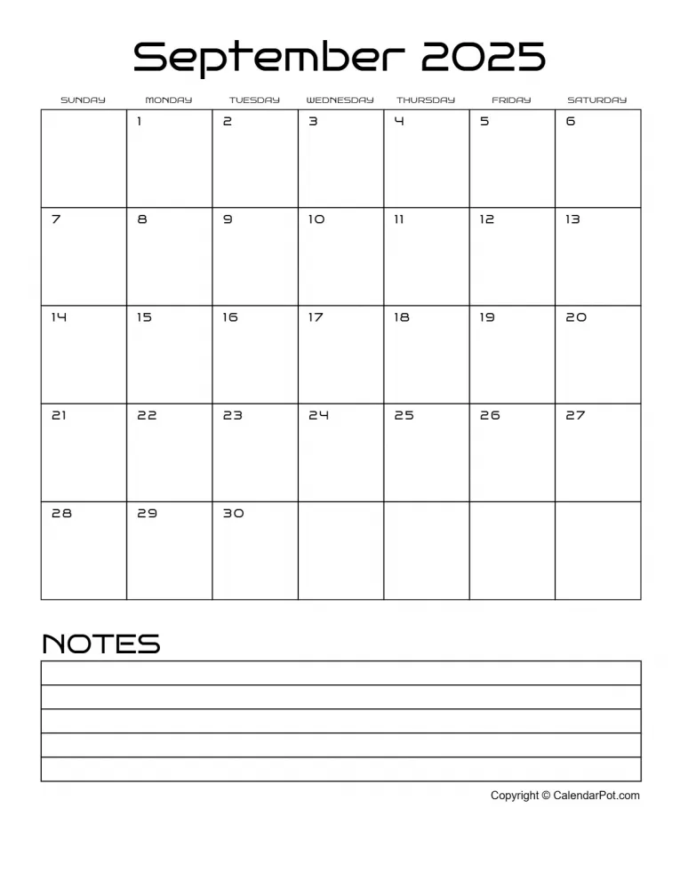 September 2025 Calendar Classic Month Outlined With Notes Portrait Sunday Start Week Full Design4 765x990.webp